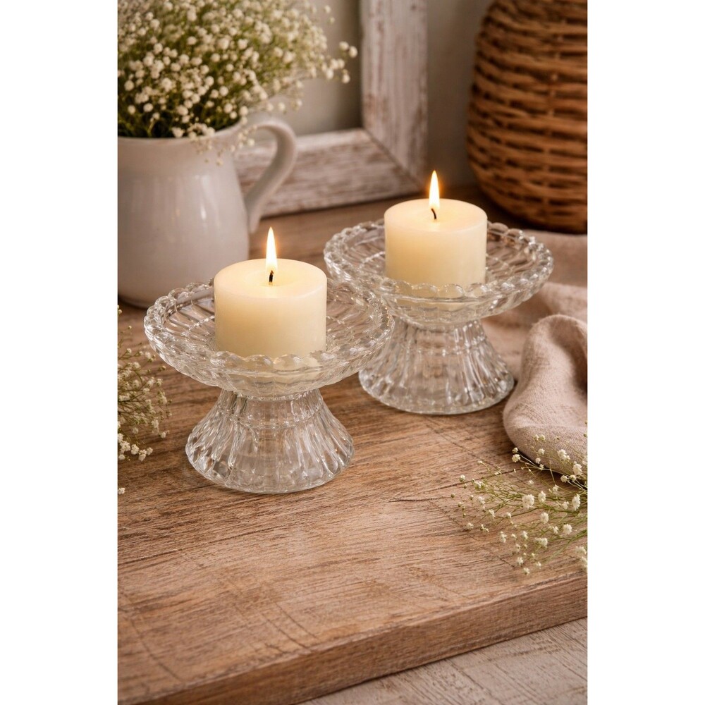 PartyLite Set 2 Clear Glass Pedestal Candle Holders Pillar Votive Taper Tealight
